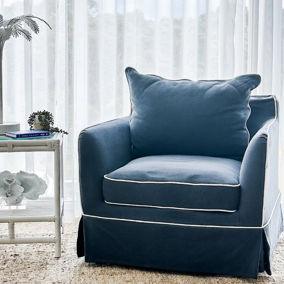 Noosa Hamptons Armchair Navy with White Piping, W 91cm D 90cm H 80cm (RRP $1699) - Image 11