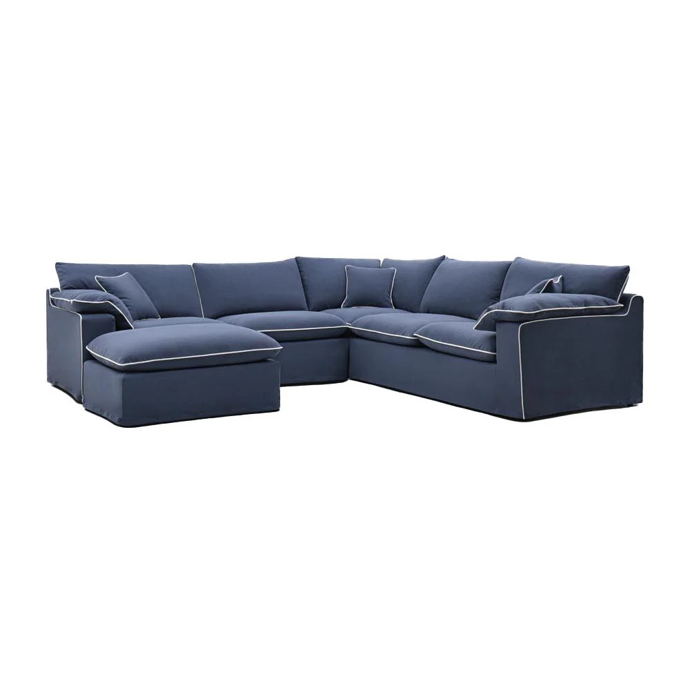 Norfolk 5 Seater Modular Corner Sofa Lounge with Reversible Chaise Removable Slip Cover Navy with White Piping, W300cm x D300cm x H94cm (RRP $7999) - Image 3