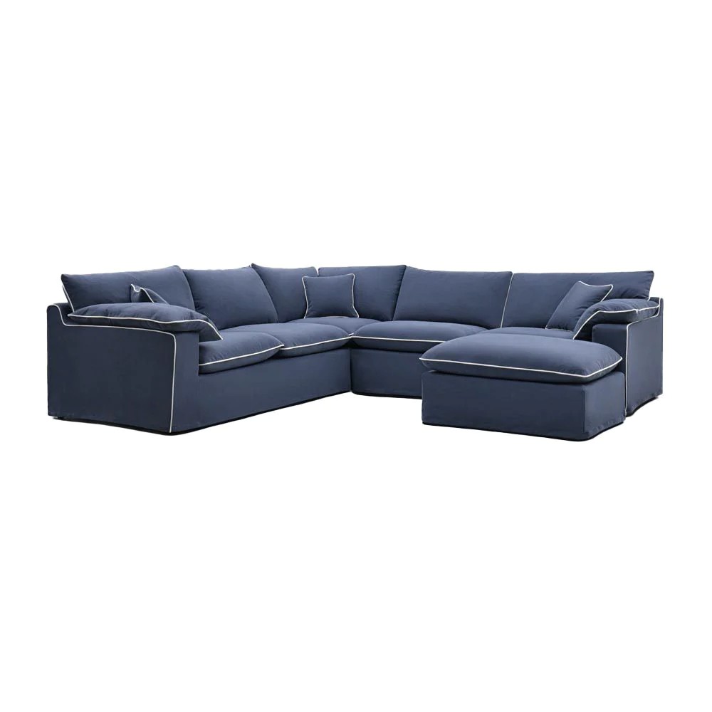 Norfolk 5 Seater Modular Corner Sofa Lounge with Reversible Chaise Removable Slip Cover Navy with White Piping, W300cm x D300cm x H94cm (RRP $7999) - Image 2