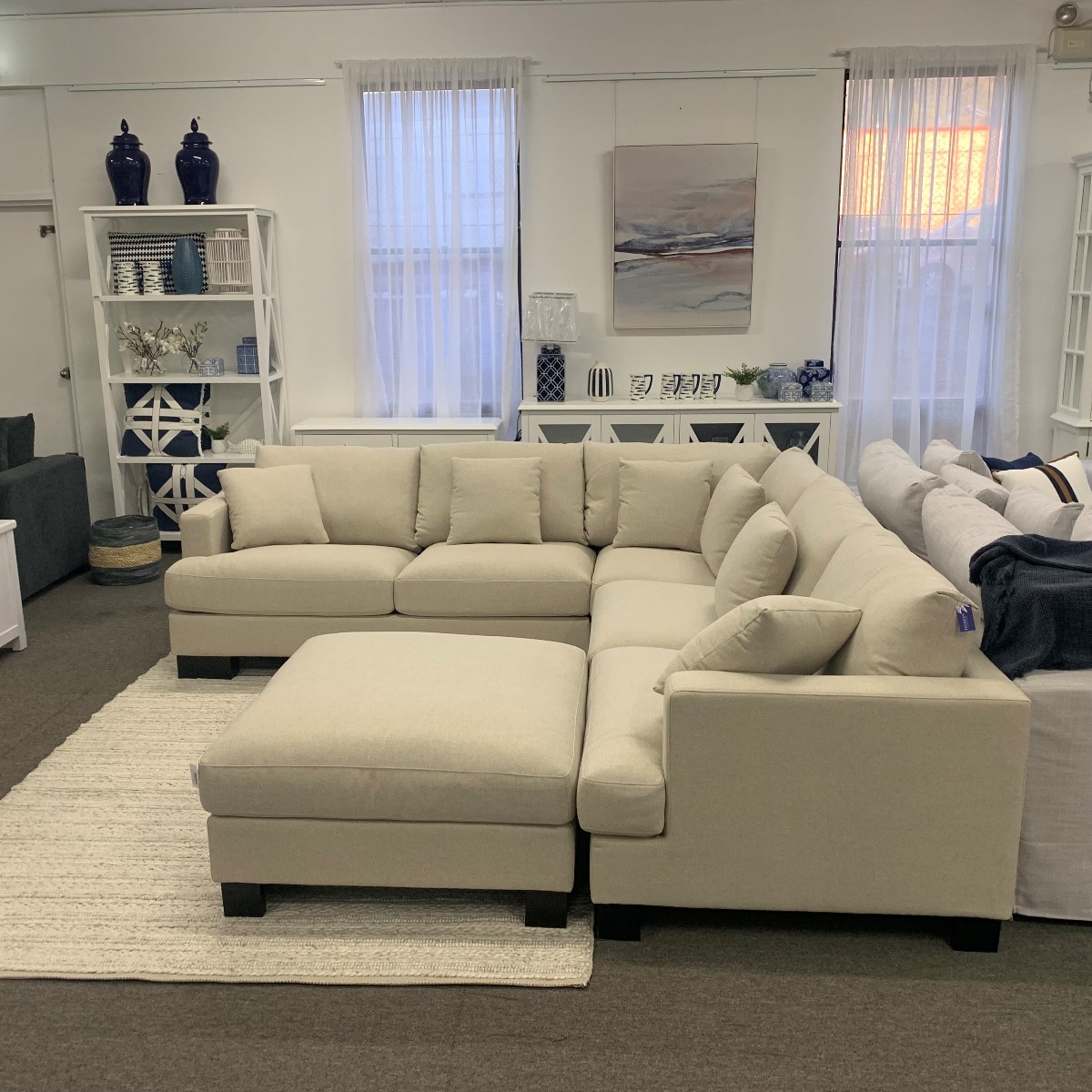 FLOORSTOCK CLEARANCE SALE "Oasis" Luxury Feather Wrapped Foam Fabric Modular 5 Seater Corner Lounge, Superior Comfort, In Stock Ready for Delivery, Stone (RRP $3499) - Image 2