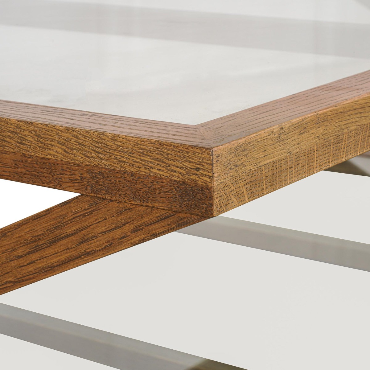 Zoey Cross American Oak Glass Coffee Table, 140cm W x 80cm D x 41.5cm H (RRP $1,999) - Image 2