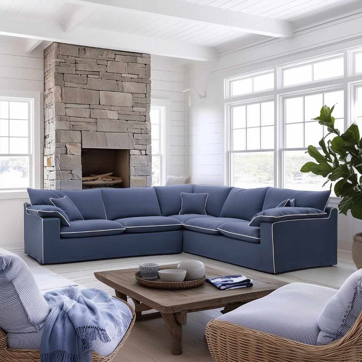 Norfolk 5 Seater Modular Corner Sofa Lounge Removable Slip Cover Navy with White Piping, W300cm x D300cm x H94cm (RRP $7499) - Image 2