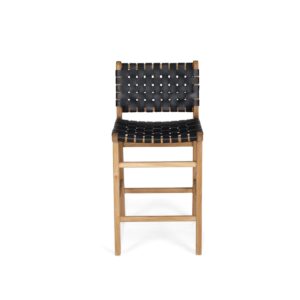"Peregian" Resort Style Genuine Hide Leather Weave & Solid Teak Kitchen Counter Barstool, Black