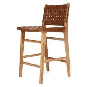 "Peregian" Resort Style Genuine Hide Leather Weave & Solid Teak Kitchen Counter Barstool, Tan