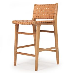 "Peregian" Resort Style Genuine Hide Leather Weave & Solid Teak Kitchen Counter Barstool, Natural