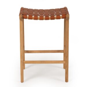 "Peregian" Resort Style Genuine Hide Leather Weave & Solid Teak Kitchen Counter Saddle Stool, Tan