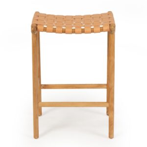 "Peregian" Resort Style Genuine Hide Leather Weave & Solid Teak Kitchen Counter Saddle Stool, Natural