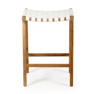 "Peregian" Resort Style Genuine Hide Leather Weave & Solid Teak Kitchen Counter Saddle Stool, White