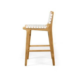 "Peregian" Resort Style Genuine Hide Leather Weave & Solid Teak Kitchen Counter Barstool, White