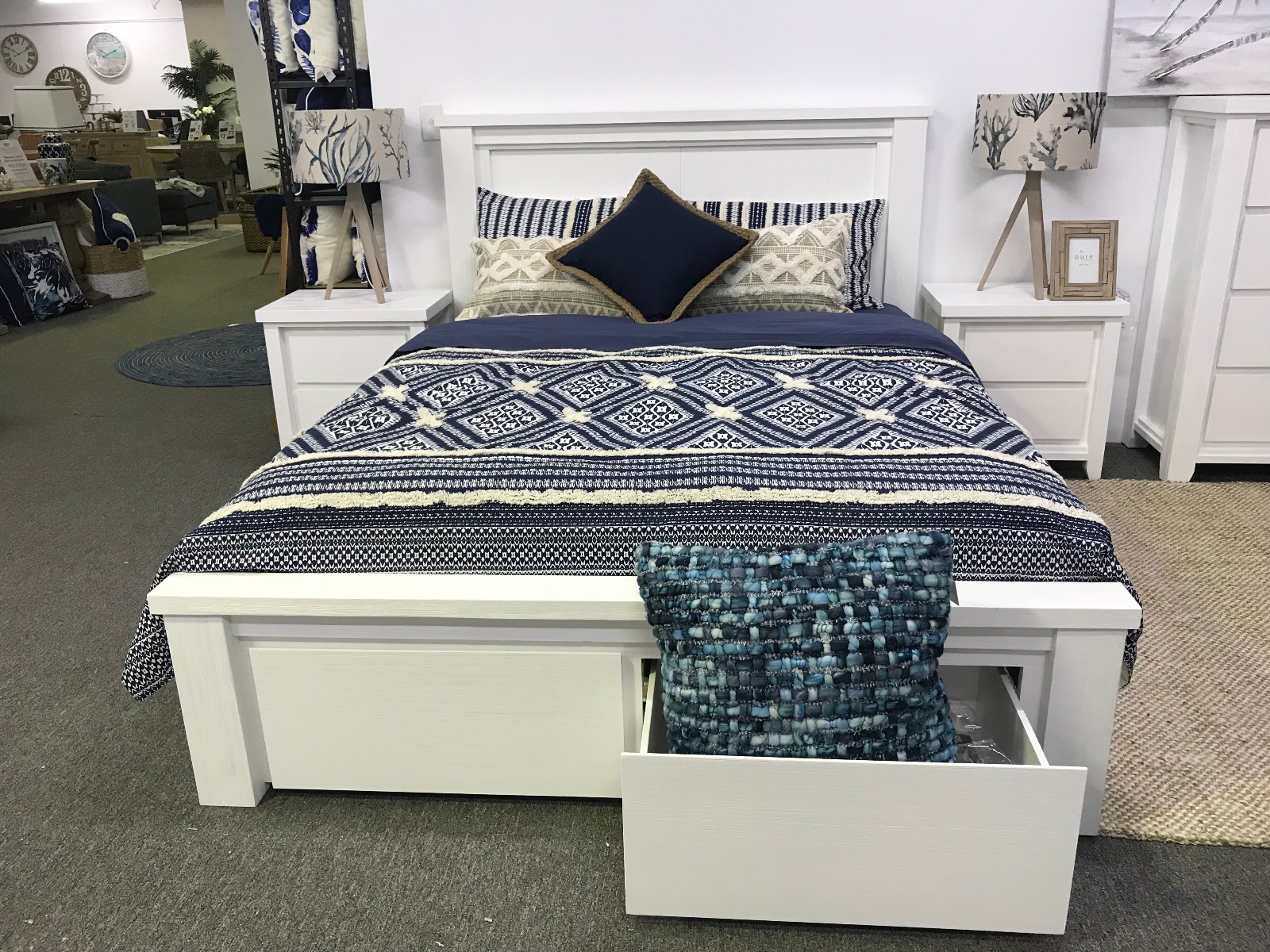 "Jefferson" Solid Timber Brushed White Coastal Hamptons Style Queen Bed Frame with Storage Drawers - Image 4