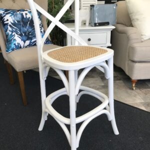 "Noosaville" Timber Rattan Kitchen Bar Stool Cross Back Vivid White, 42cmL x 42cmD x 100cmH; Seat Height 65cm