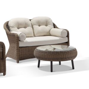 "Seychelles" Hamptons Style Outdoor Wicker Lounge Setting 2+1+1 with Coffee Table, Brushed Wheat (RRP $3999)