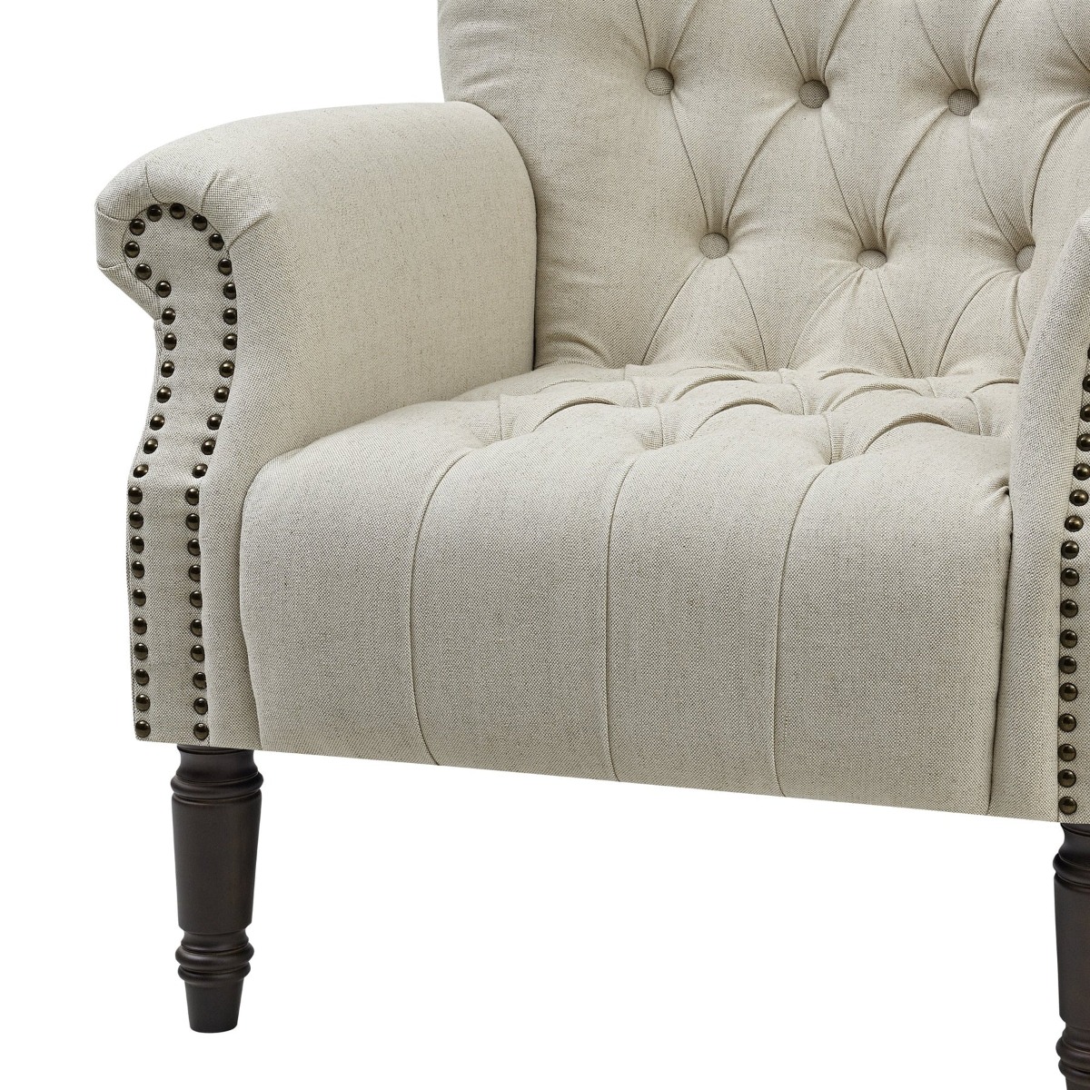 Maurice Natural Linen Blend Hamptons Buttoned Armchair W/Studs Dark Legs, W 83cm D 86cm H 95cm (RRP $1499) - Image 4