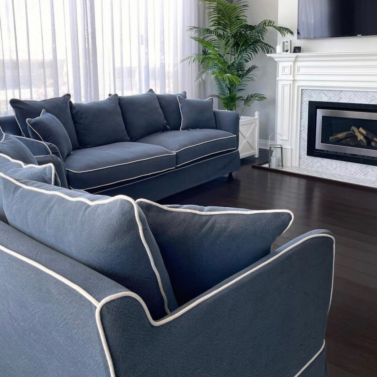 Slip Cover Only - Noosa Hamptons 2 Seat Sofa Navy W/White Piping, W 170cm D 91cm H 80cm (RRP $799) - Image 13