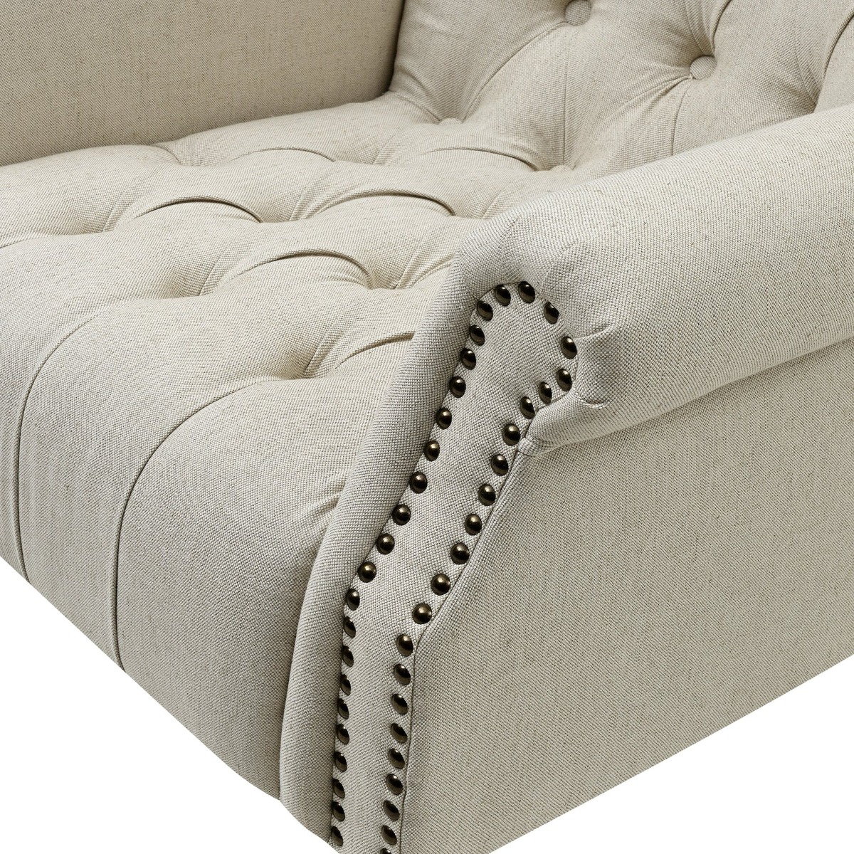 Maurice Natural Linen Blend Hamptons Buttoned Armchair W/Studs Dark Legs, W 83cm D 86cm H 95cm (RRP $1499) - Image 3