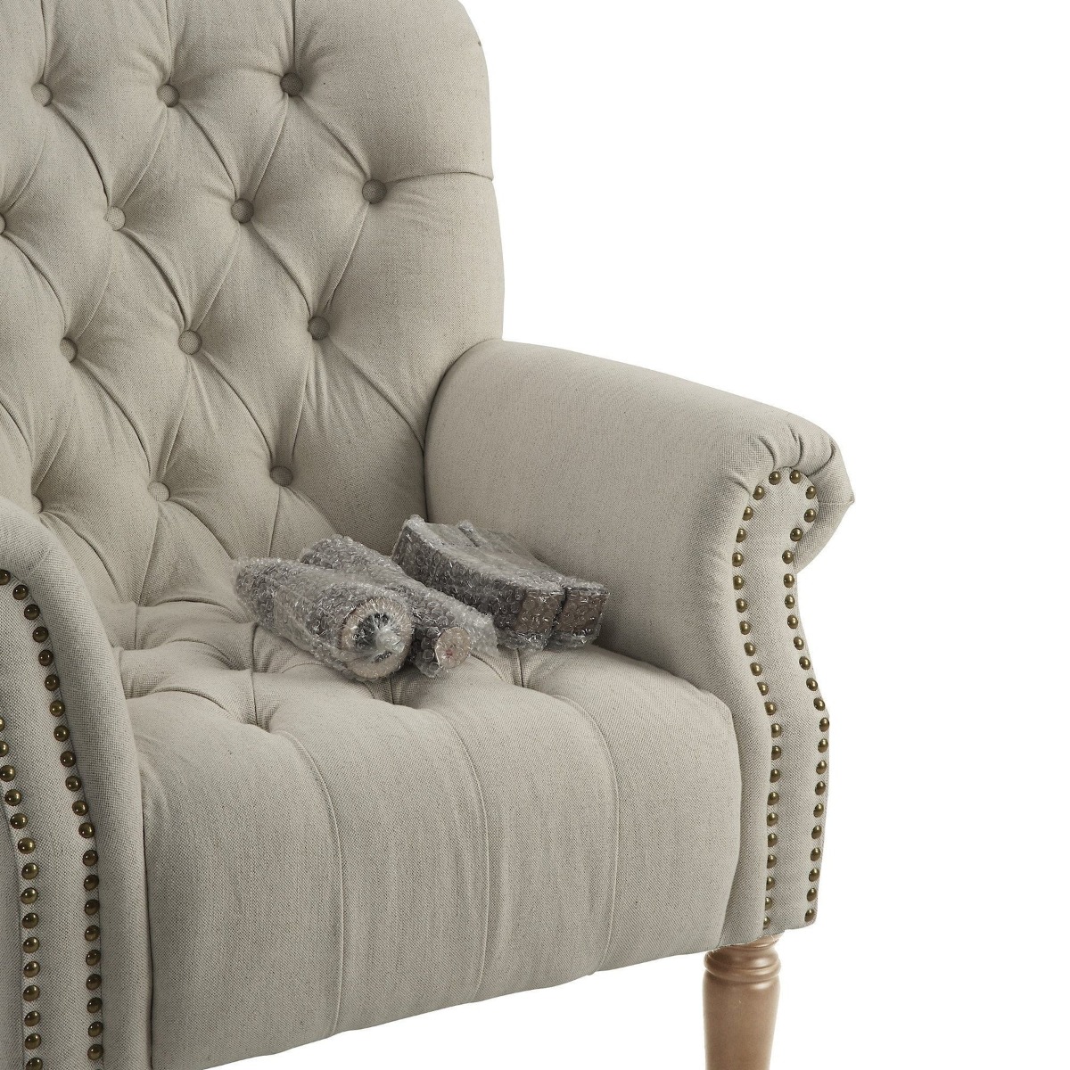 Maurice Natural Linen Blend Buttoned Armchair W/ Studs Oak Legs, W 83cm D 86cm H 95cm (RRP $1199) - Image 4