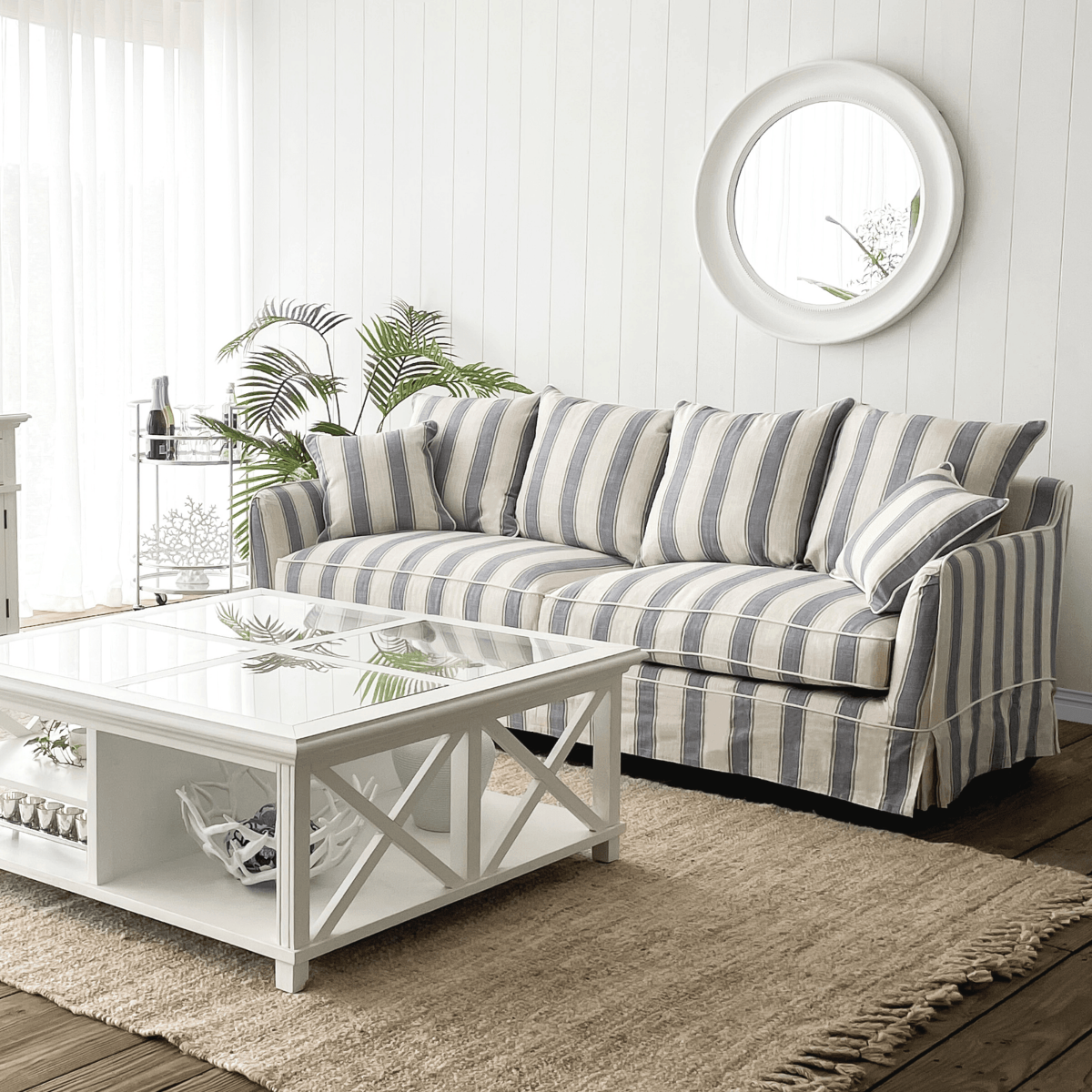 Noosa Hamptons 3 Seat Sofa Blue Sky Stripe, W 221cm D 91cm H 80cm (RRP $3299) - Image 14