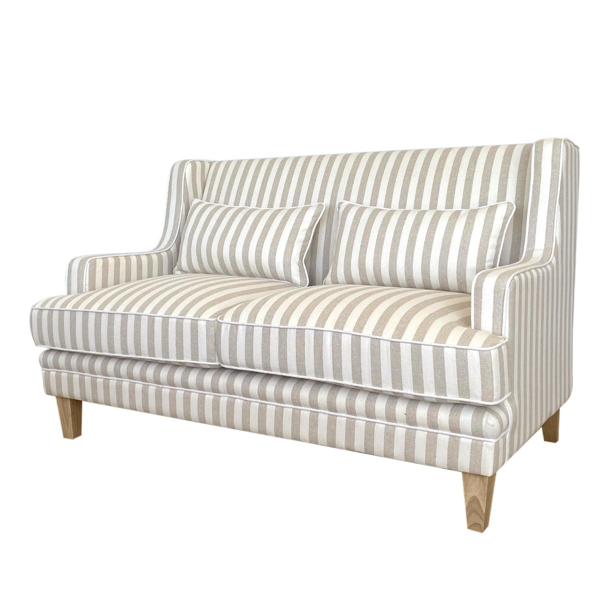 Bondi Hamptons 2 Seat Sofa Natural Stripe W/White Piping, W 155cm D 92cm H 94cm (RRP $1999) - Image 3