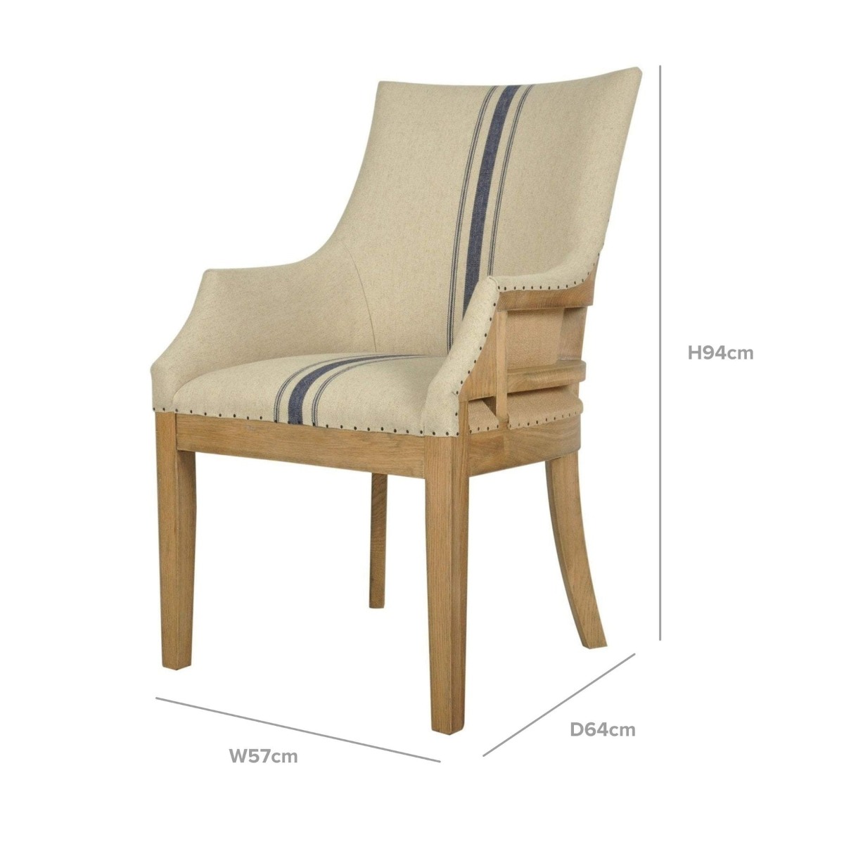 Oakwood Hamptons Linen Dining Chair Natural/Blue Stripe W/ Studs, W 64cm D 57cm H 93.5cm (RRP $799) - Image 2