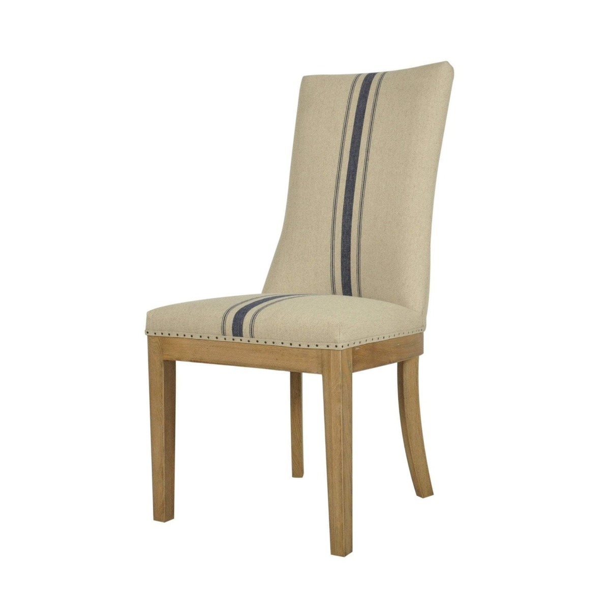 Oakwood Hamptons Linen Dining Chair Natural/Blue Stripe W/ Studs, W 52cm D 64cm H 101cm (RRP $449) - Image 2