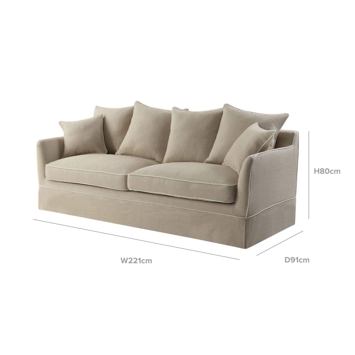 Noosa Hamptons 3 Seat Queen Sofa Bed Natural W/White Piping, W 221cm D 91cm H 80cm (RRP $4279) - Image 12
