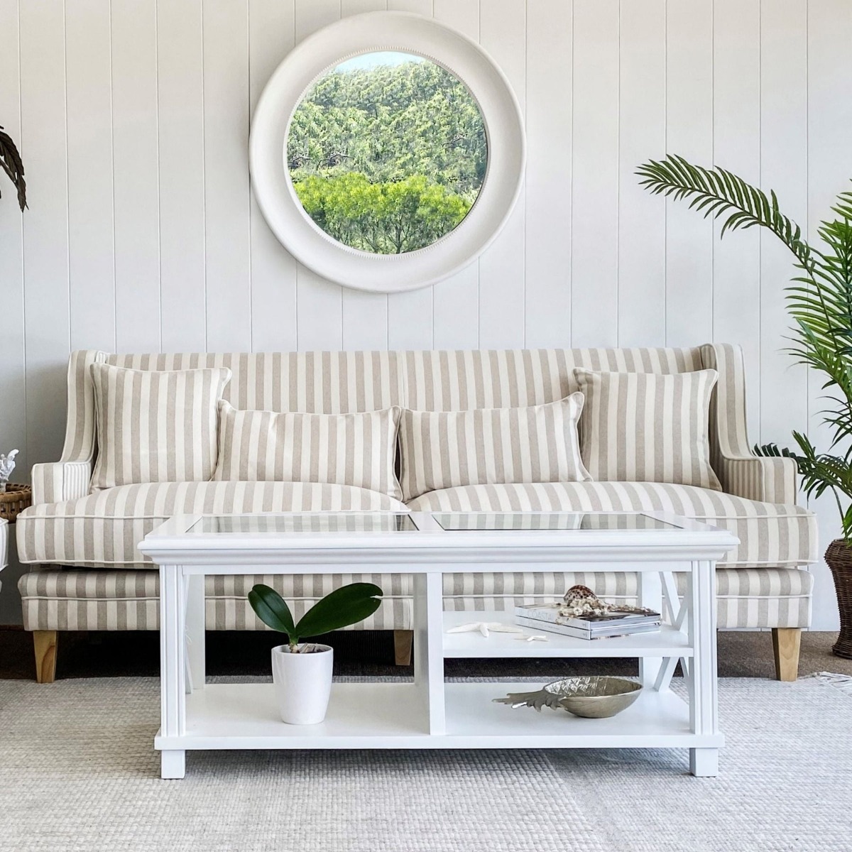 Bondi Hamptons 3 Seat Sofa Natural Stripe W/White Piping, W 215cm D 95cm H 94cm (RRP $2499) - Image 10