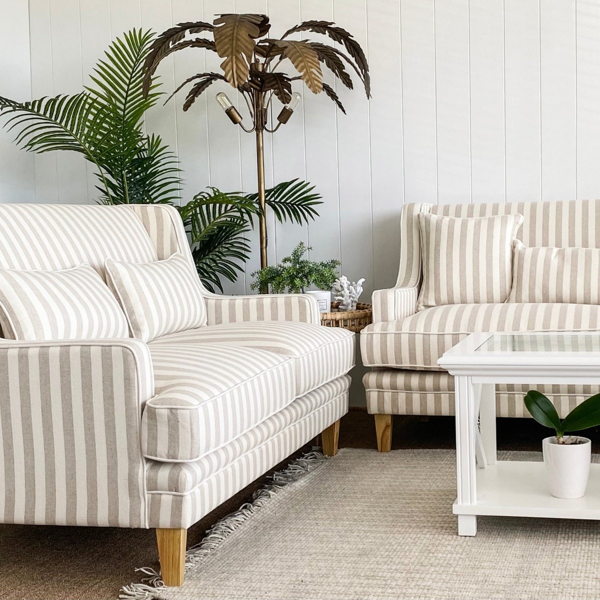 Bondi Hamptons 2 Seat Sofa Natural Stripe W/White Piping, W 155cm D 92cm H 94cm (RRP $1999) - Image 2