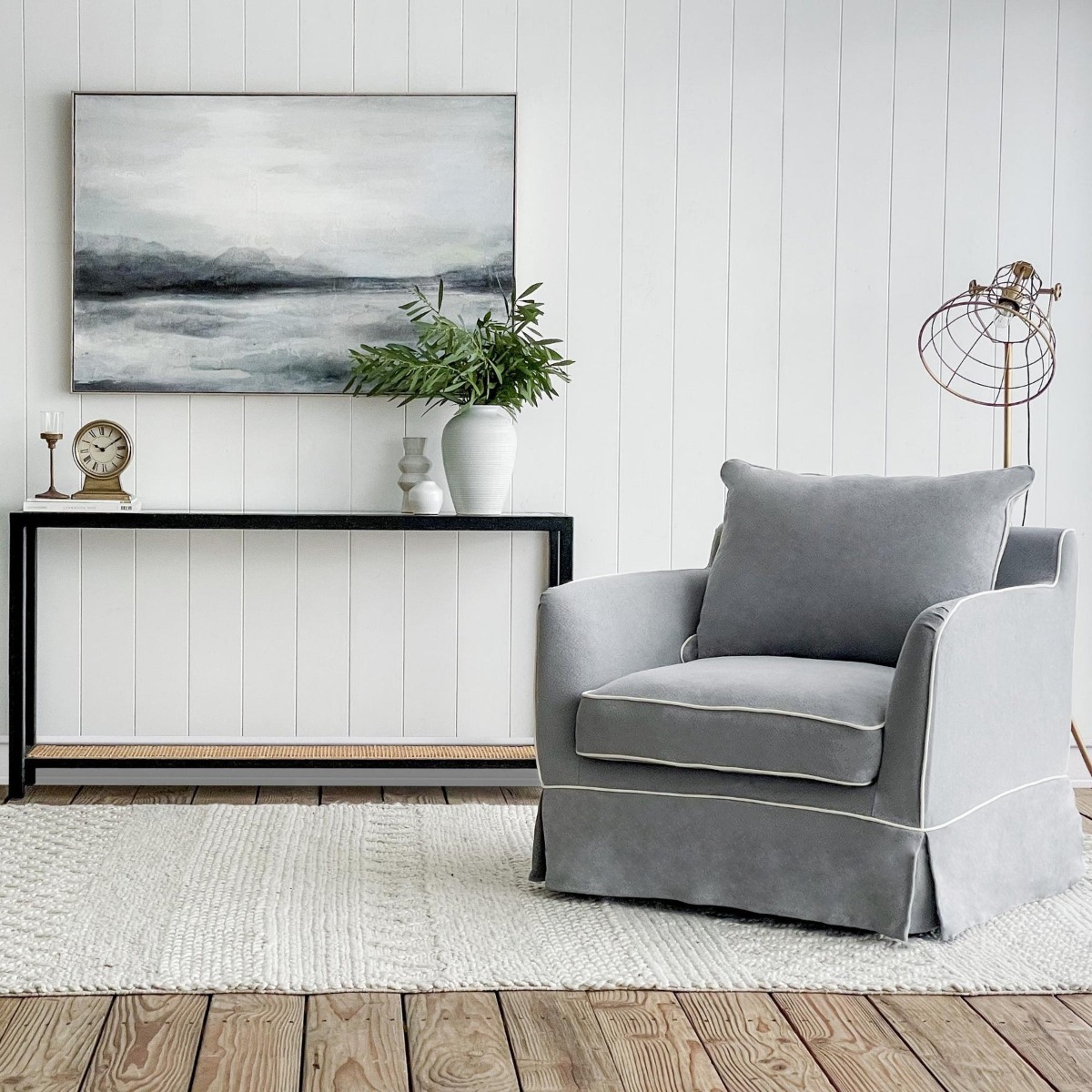 Noosa Hamptons Armchair Grey with White Piping, W 91cm D 90cm H 80cm (RRP $1699) - Image 11