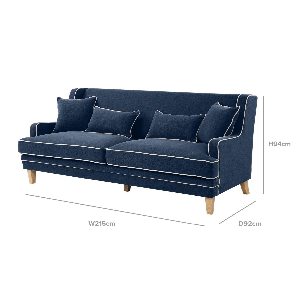 Bondi Hamptons 3 Seat Sofa Navy W/White Piping, W 215cm D 95cm H 94cm (RRP $2499) - Image 10