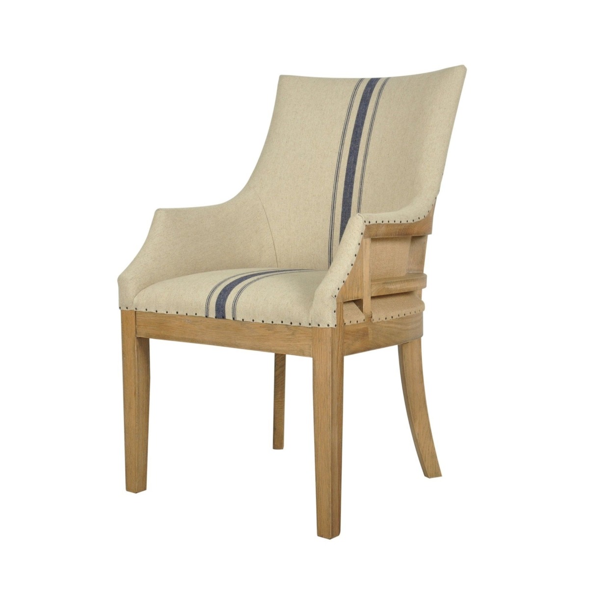 Oakwood Hamptons Linen Dining Chair Natural/Blue Stripe W/ Studs, W 64cm D 57cm H 93.5cm (RRP $799) - Image 3