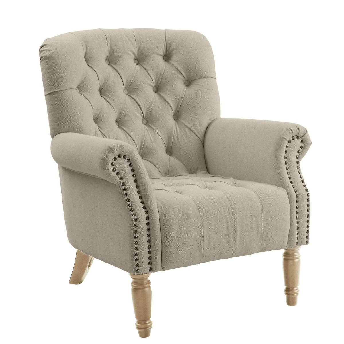 Maurice Natural Linen Blend Buttoned Armchair W/ Studs Oak Legs, W 83cm D 86cm H 95cm (RRP $1199) - Image 8