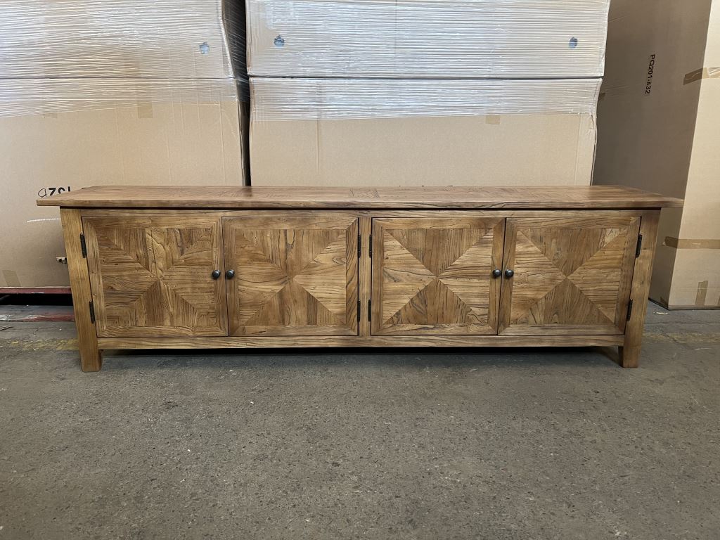 NEW YEAR SALE!! "Villa" Hamptons Style Parquetry 4 Door Entertainment TV Unit Recycled Elm, 200cm x 40cm x 58cmH (RRP $1999) - Image 2