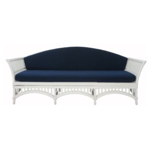 "Airlie" Hamptons Style Outdoor Alfresco 3 Seater Lounge in White Rattan with Navy Blue Cushions (RRP $1699)