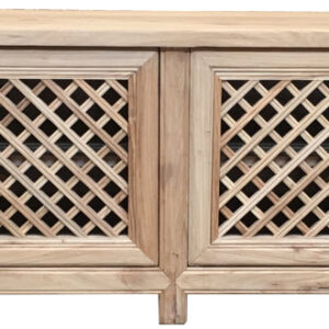 "St Barts" Hamptons Style 4 Door TV Unit Recycled Elm with Lattice Doors Natural, 200cm x 40cm x 58cmH (RRP $2499)
