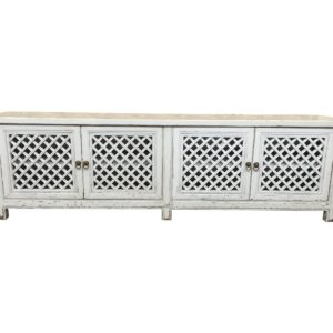 MID YEAR SALE!! "St Barts" Hamptons Style 4 Door TV Unit Recycled Elm with Lattice Doors White, 200cm x 40cm x 58cmH (RRP $2499)