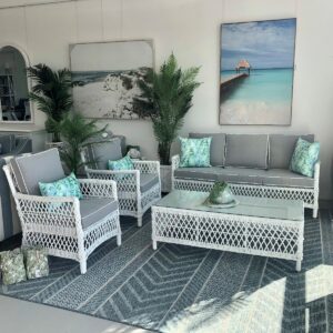 “Riviera" Hamptons Style Outdoor Alfresco 4 Piece Lounge Set White Wicker, Grey Seat & Back Cushion with White Piping (RRP $3499)
