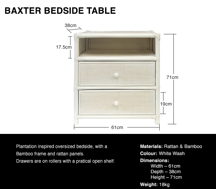 FLOORSTOCK CLEARANCE SALE "Baxter" Hamptons Style Bedside Table in Whitewash Rattan, 61cmW x 38cmD x 71cmH (RRP $799) - Image 4
