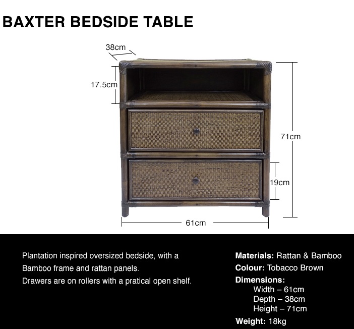 CLEARANCE SALE "Baxter" Hamptons Style Timber Bedside Table in Tobacco Rattan, 61cmW x 38cmD x 71cmH (RRP $799) - Image 5