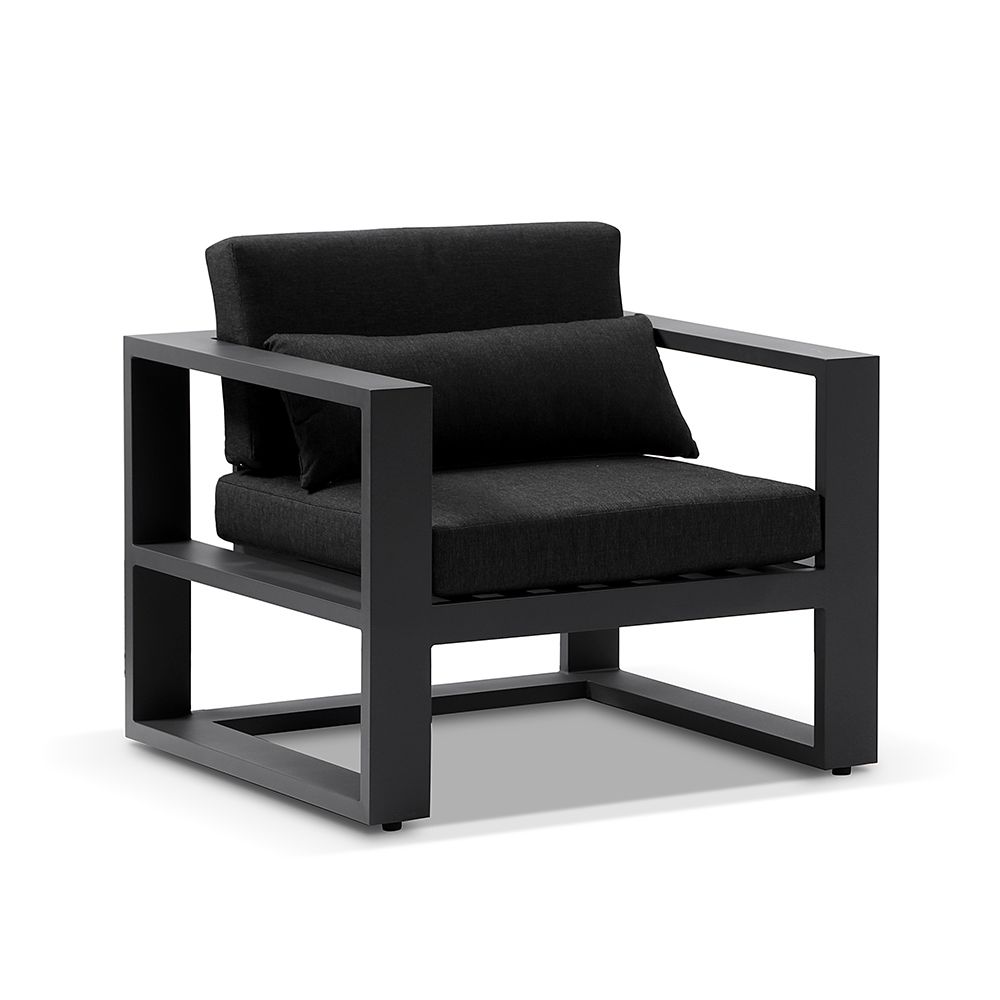 "Hawaii" Hamptons Style Outdoor Setting with 3 + 2 + 1 + 1 Seater Lounges in Charcoal with Denim Grey Cushions plus Coffee Table - Image 4