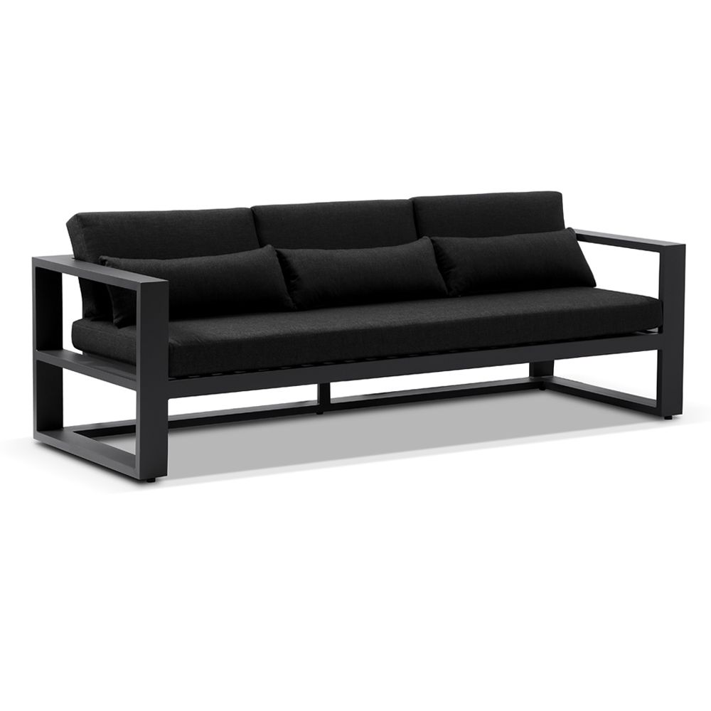 "Hawaii" Hamptons Style Outdoor Setting with 3 + 2 + 1 + 1 Seater Lounges in Charcoal with Denim Grey Cushions plus Coffee Table - Image 2