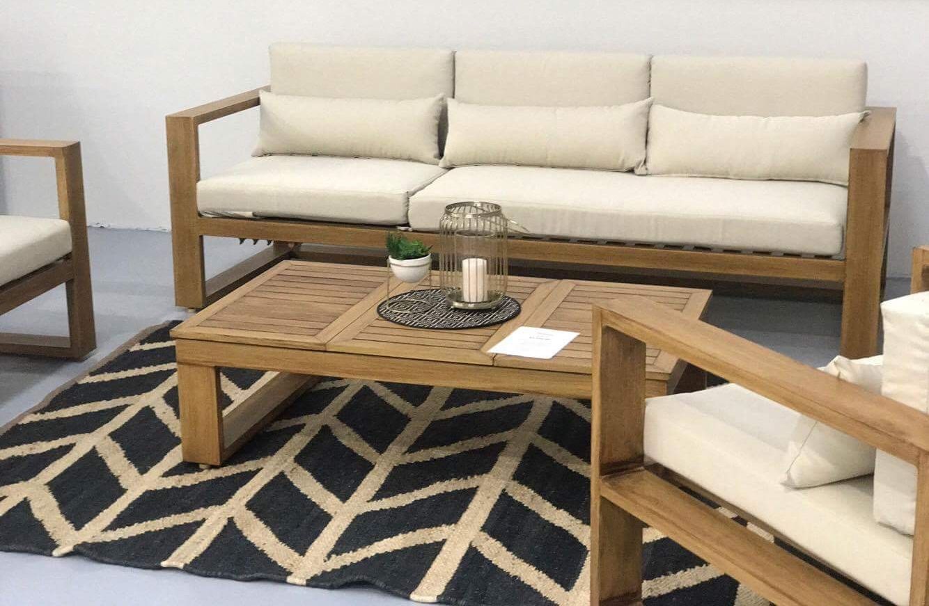 "Hawaii" Hamptons Style Aluminium Outdoor Setting with 3, 2 & 1 Seater Lounges & Coffee Table in Teak with Cream Cushions - Image 4