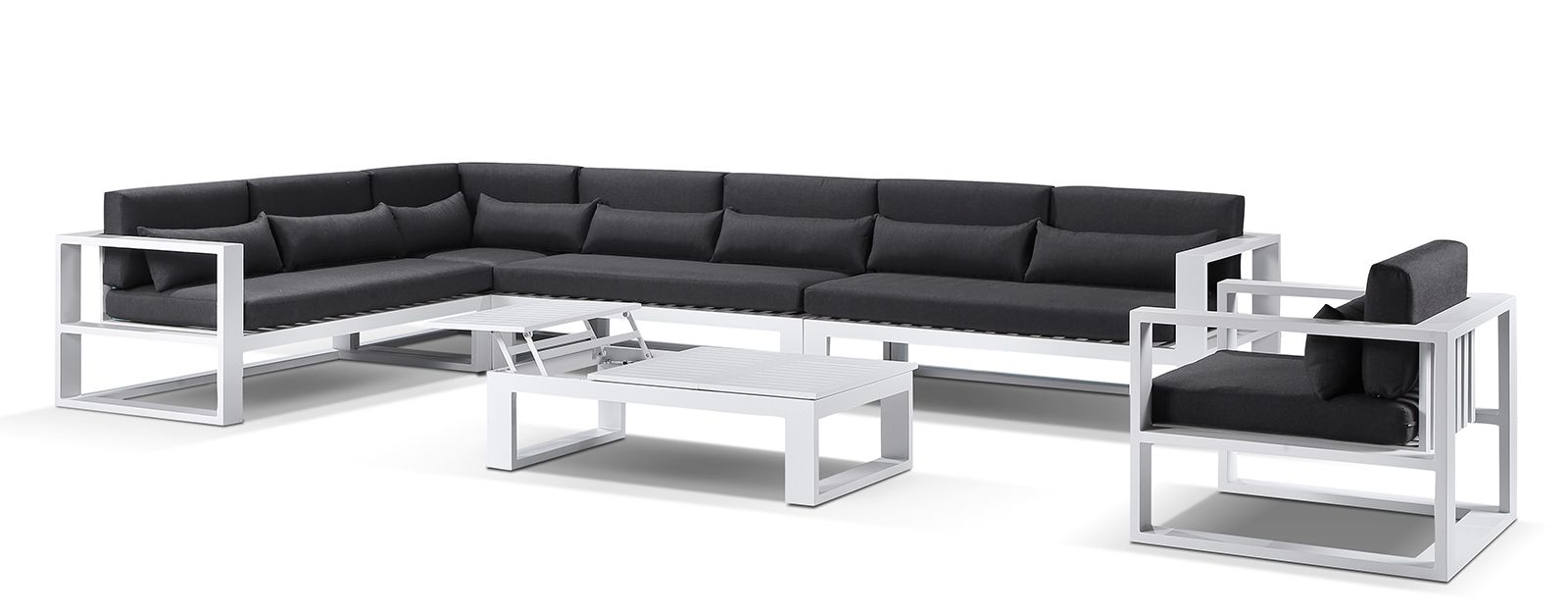 "Hawaii" Hamptons Style Outdoor Corner Lounge Setting with 1 Seater & Coffee Table in White with Denim Cushions - Image 2