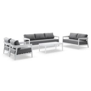 Clontarf 3+2+1+1 Outdoor Aluminium Lounge Setting & Coffee Table, White with Sunbrella Cast Slate Cushions