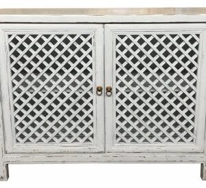 "St Barts" Hamptons Style 2 Door Cabinet Recycled Elm with Lattice Doors White, 120cm x 45cm x 90cmH