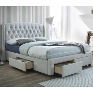 "Amelia" Hamptons Style Buttoned Back Upholstered Fabric Bed Frame 4 Storage Drawers Queen Size, Stone (RRP $1999)