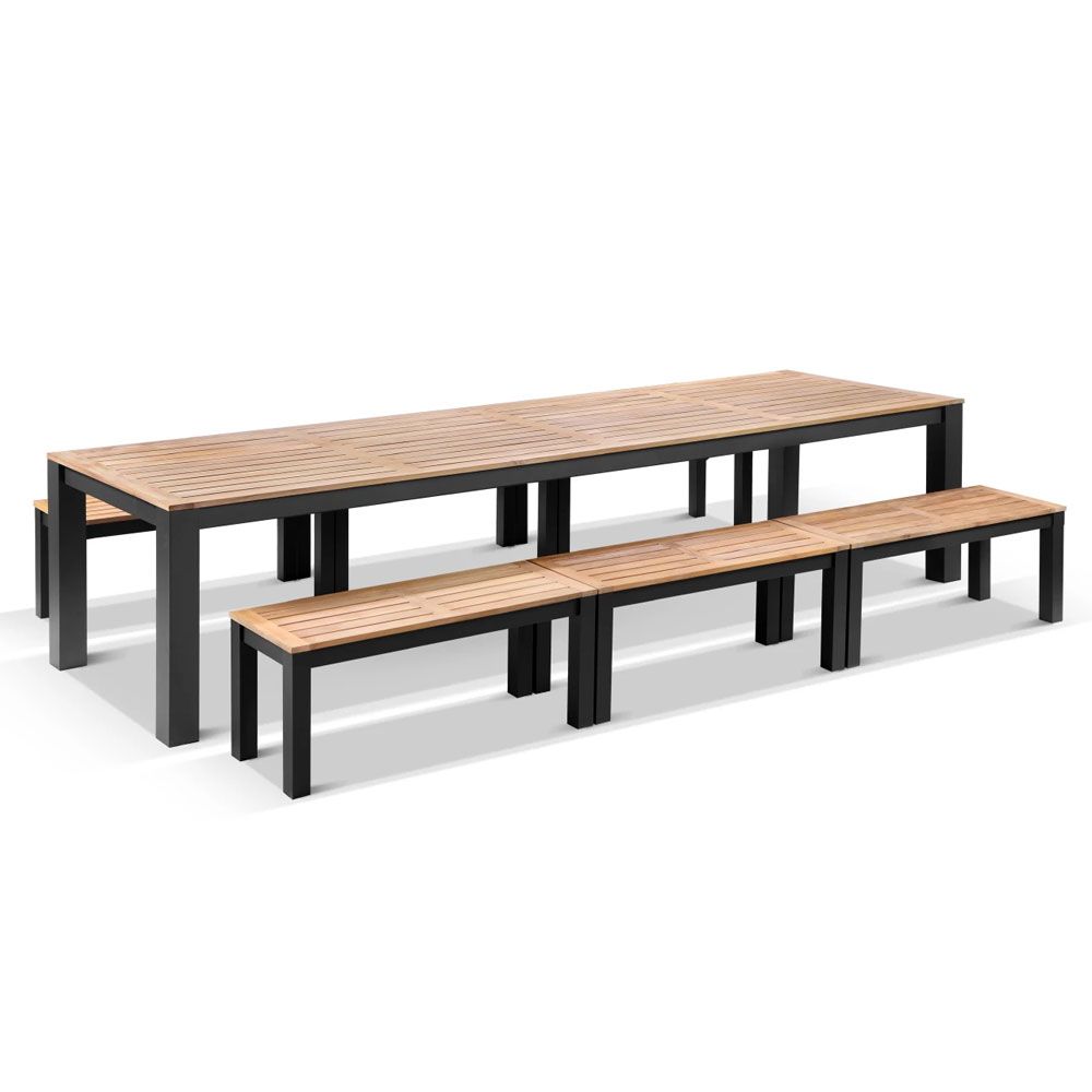 "Newport" Hamptons Style Outdoor Charcoal Aluminium Teak Top Dining Table with Bench Seats, 355cm x 102cm - Image 3