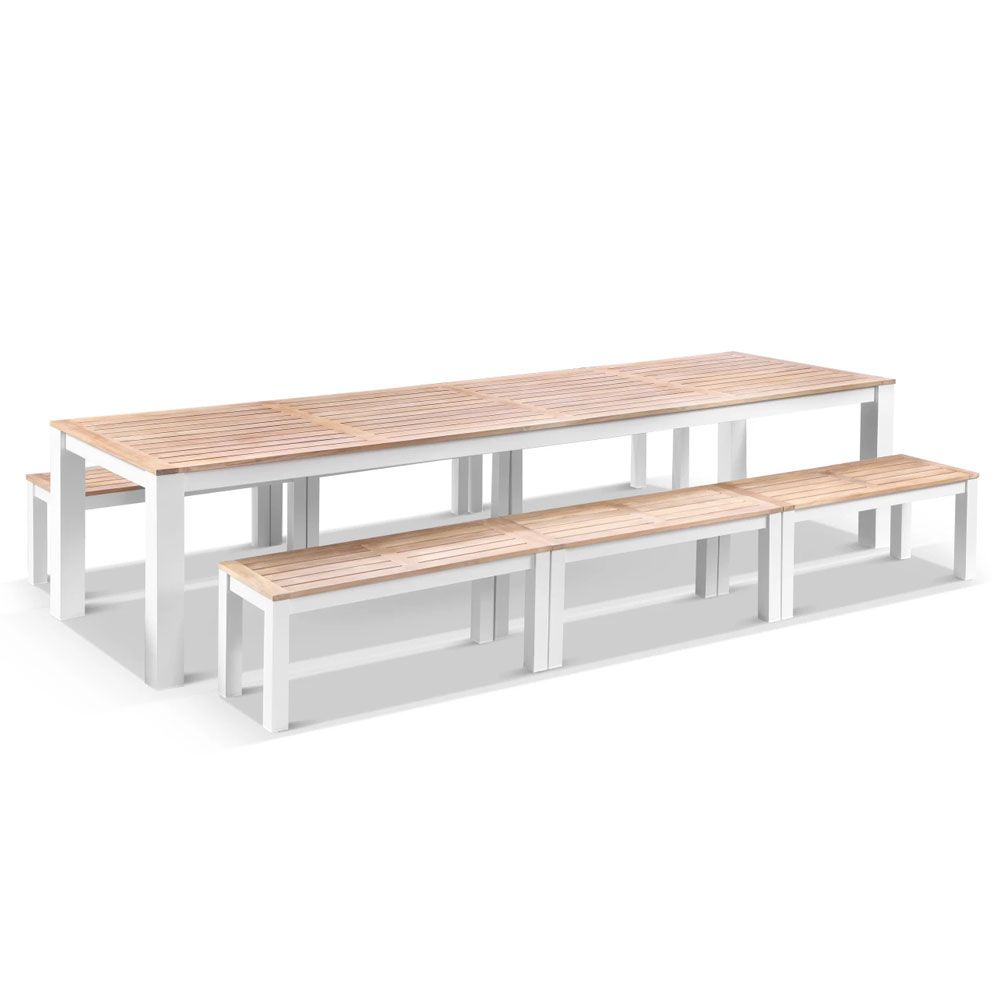 "Newport" Hamptons Style Outdoor White Aluminium Teak Top Dining Table with Bench Seats, 355cm x 102cm - Image 3