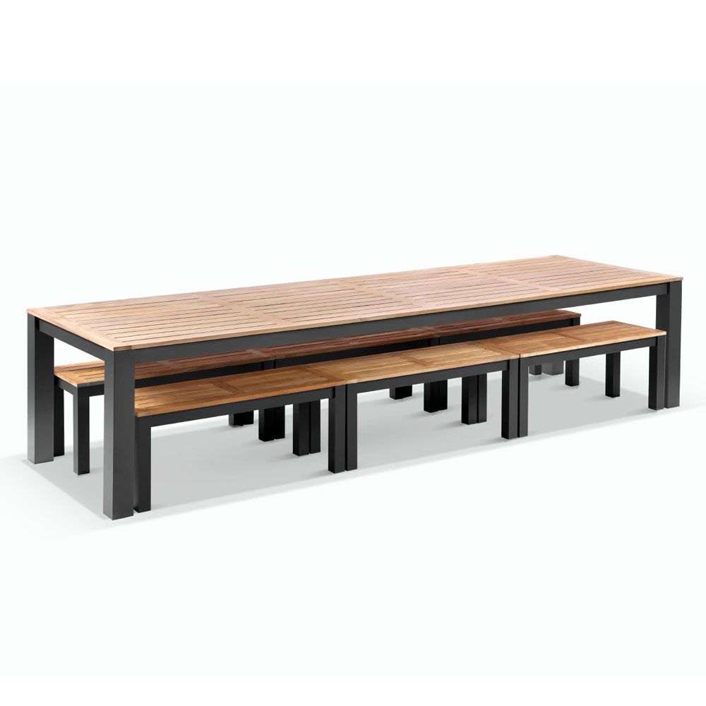 "Newport" Hamptons Style Outdoor Charcoal Aluminium Teak Top Dining Table with Bench Seats, 355cm x 102cm - Image 2