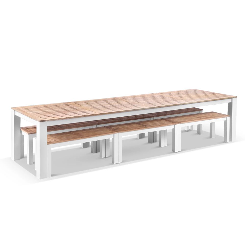 "Newport" Hamptons Style Outdoor White Aluminium Teak Top Dining Table with Bench Seats, 355cm x 102cm - Image 2