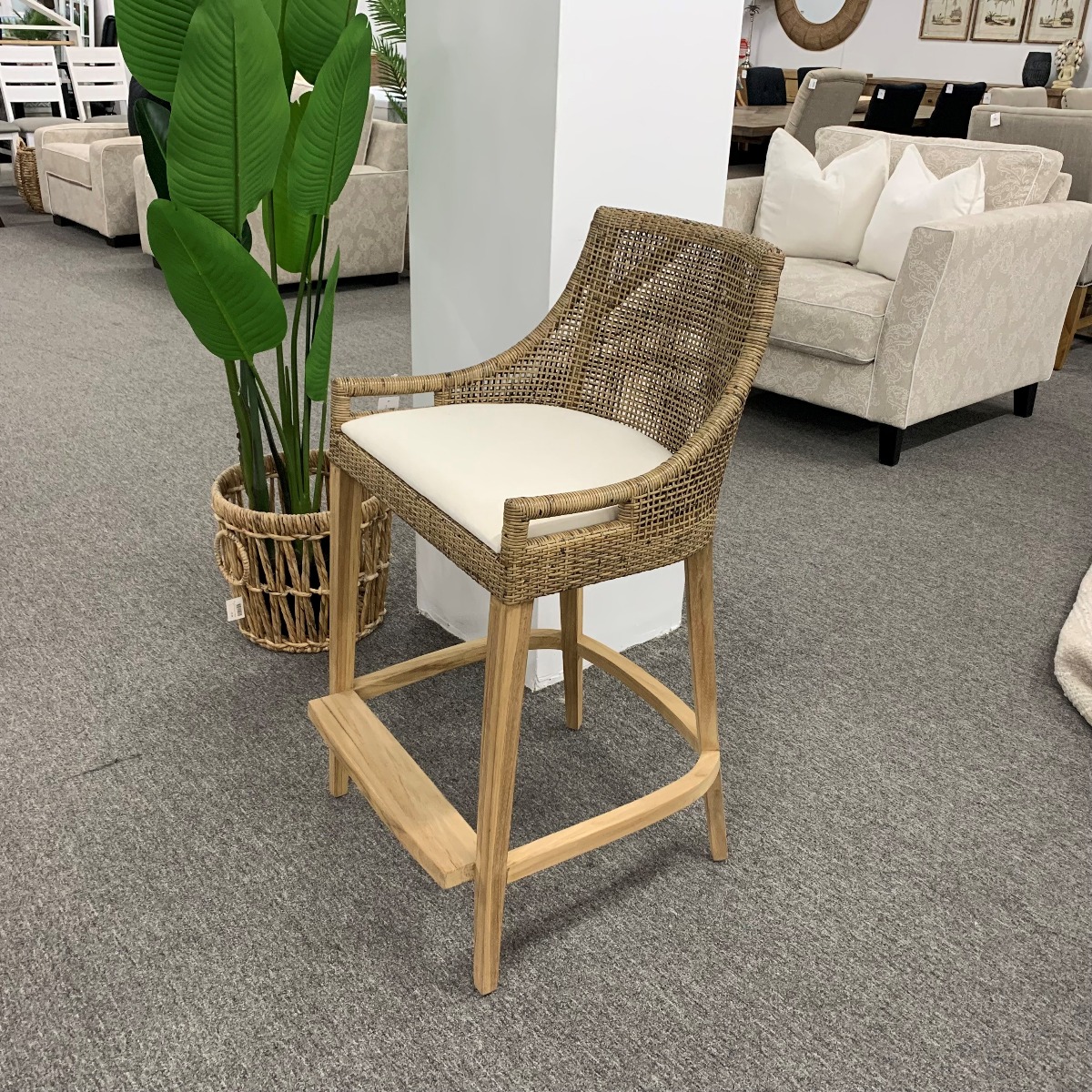 CLEARANCE SALE "Avoca" Hamptons Style Rattan Bar Stool, Tea Brown Rattan with Teak Legs (RRP $449) - Image 2